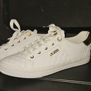 GUESS White and Gold Quilted Sneakers